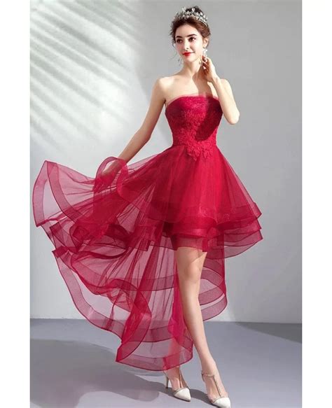 Burgundy Red Tulle Cute Prom Party Dress High Low With Lace Strapless Wholesale T79016