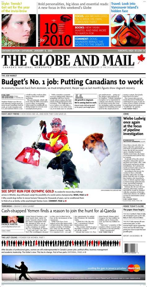 Newspaper The Globe And Mail Canada Newspapers In Canada Saturday S Edition January Of