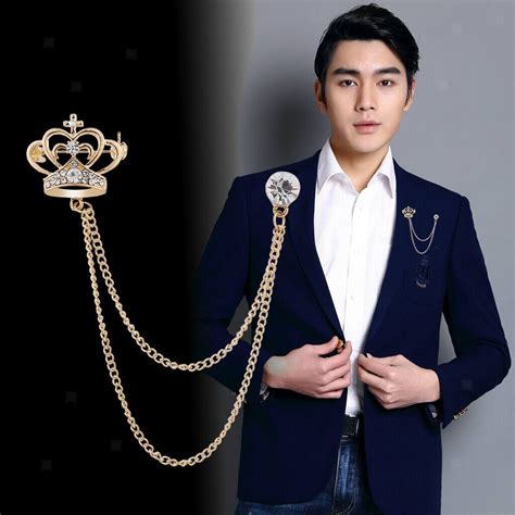 Mens Fashion Crown With Tassel Chain Pin Brooch Lapel Pins Suit