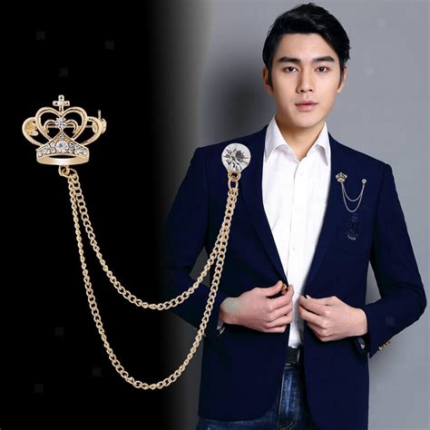 Mens Fashion Crown With Tassel Chain Pin Brooch Lapel Pins Suit Accessories EBay