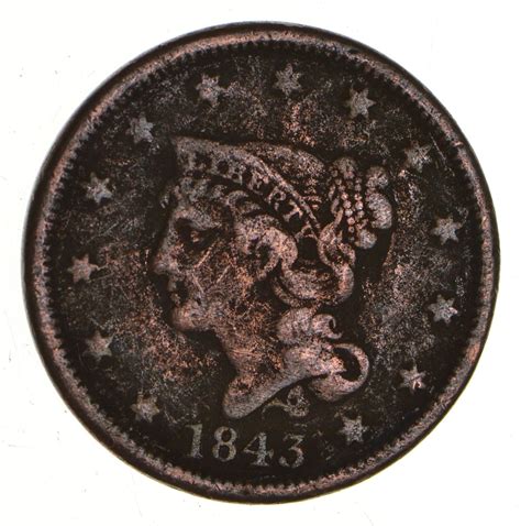Tough 1843 Large Cent Us Early Copper Coin Property Room