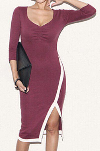 [47 off] sexy v neck color spliced bodycon furcal 3 4 sleeve women s dress rosegal