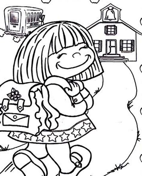 Cute Little Girl On Her First Day Of School Coloring Page