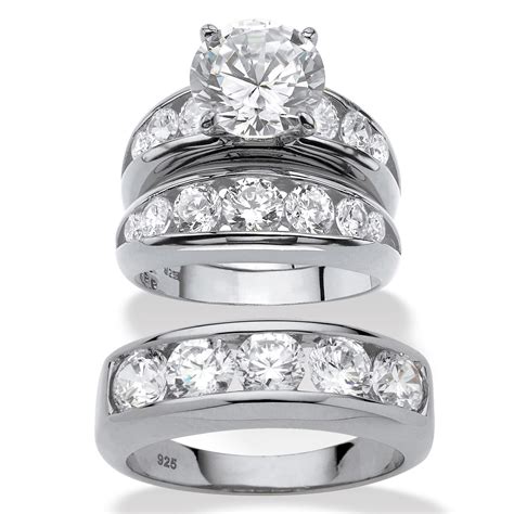 Round Cubic Zirconia 3 Piece His And Hers Trio Wedding Ring Set 859