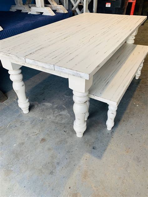 7ft Rustic Farmhouse Table And Bench With Turned Legs White Distressed