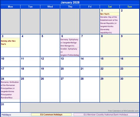January 2028 Eu Calendar With Holidays For Printing Image Format