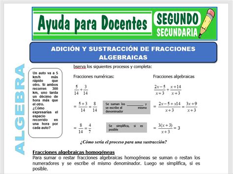 Adici N Y Sustracci N De Fracciones Algebraicas Para Segundo De Secundaria Ayuda Para Docentes