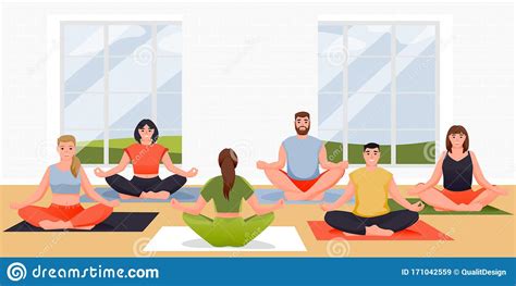 Yoga Class Flat Cartoon Illustration. People Sitting In Lotus Position ...
