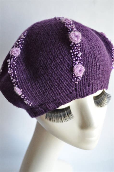 Embroidery Beret Purple Beret Knit Wool Beret Etsy