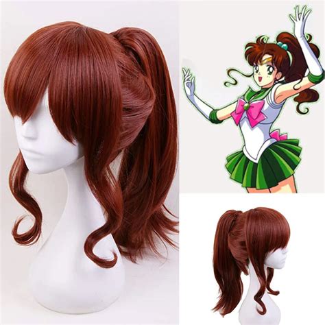 Pretty Soldier Sailor Moon Kino Makoto Sailor Jupiter Cosplay Wig Synthetic Hair With Removable