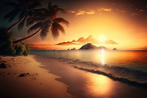 Scenery From Paradise Beach On A Tropical Island Sunrise Image Stock