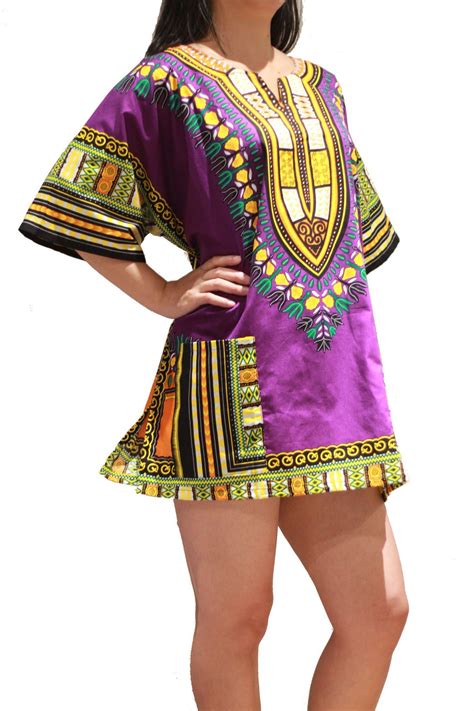 Traditional African Dashiki Shirt Dress Unisex For Men Or Women Purple Free Size