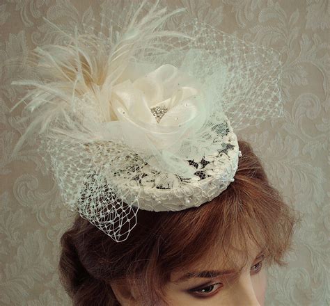 ivory bridal hat cocktail hat wedding headpiece with feathers vintage lace pearls and crystals