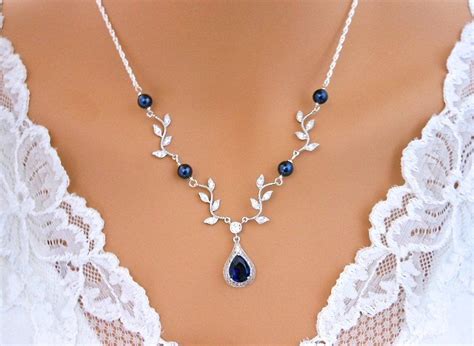 Navy Blue Wedding Necklace Vine Necklace Sapphire Blue Y Etsy In 2022 Wedding Necklace