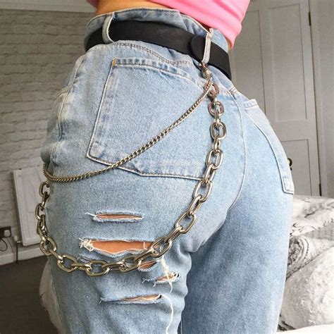 Ripped Hole Denim Jeans With Chains Fashion Jeans Denim With