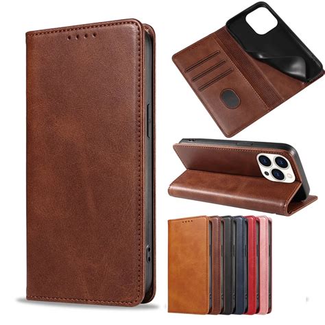 Leather Magnetic Clamshell Wallet Flip Phone Case With Card Slots For