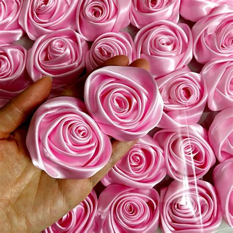 12pc pink 2 satin ribbon rose flower diy wedding bridal bouquet 50mm ebay wedding bridal