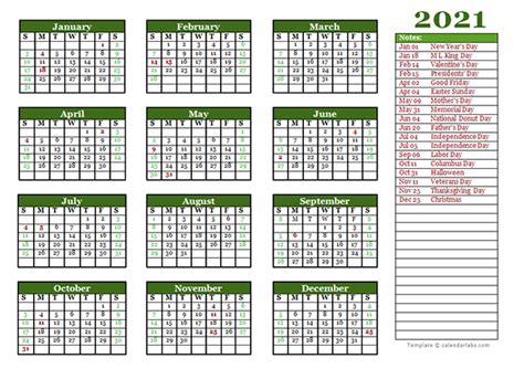 Editable 2021 Yearly Calendar Landscape Free Printable Templates