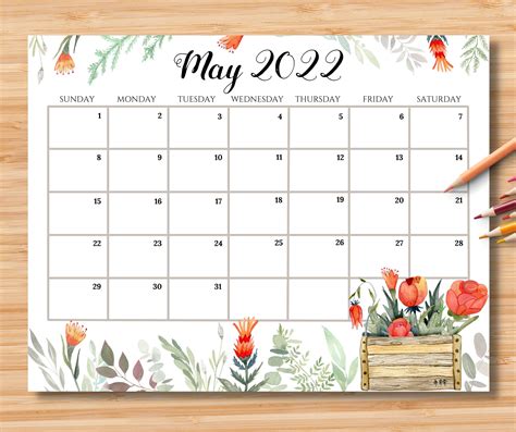 Editable May 2022 Calendar Beautiful Flower Garden In Spring