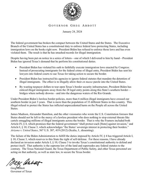Texas Gov Abbott Releases Official Constitutional Statement Declaring