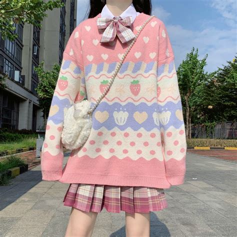 Japanese Kawaii Knitting Sweater Women Cute Strawberry Etsy