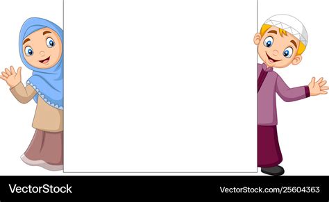 Happy Muslim Kids Cartoon With Blank Sign Vector Image