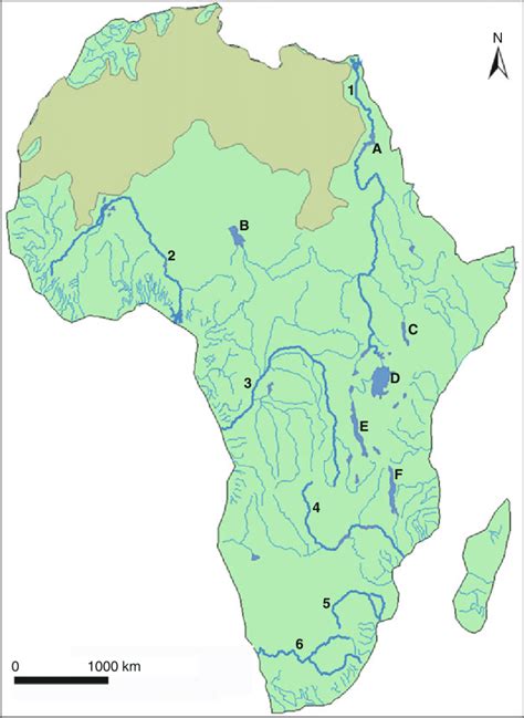 Map Of The African Continent Showing Major Freshwater Bodies Rivers Numbered 1 6 And 