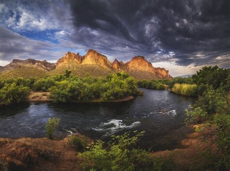 Landscape Nature River Mountain Clouds Trees Shrubs Arizona Sky