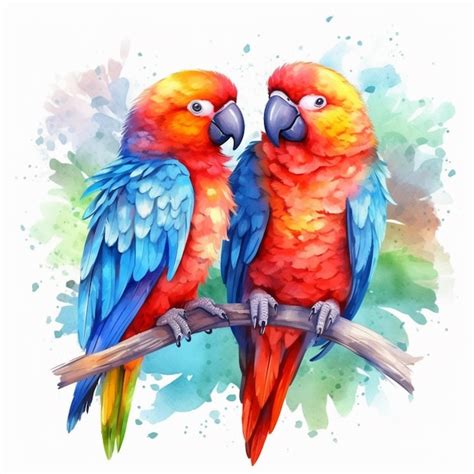 Premium Ai Image Painting Of Two Colorful Parrots Sitting On A Branch