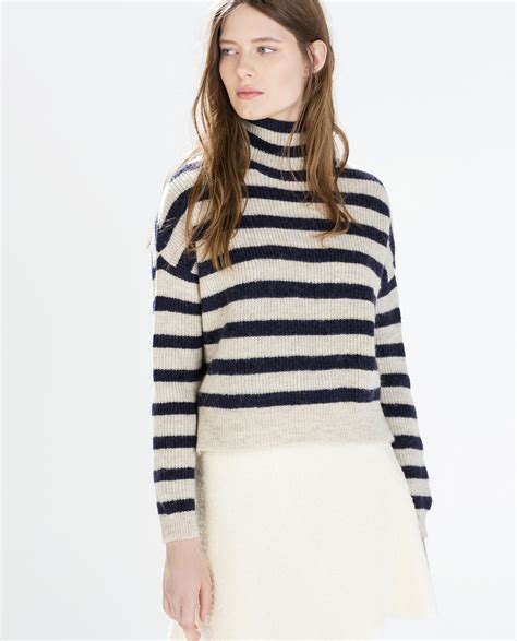 Zara Striped Turtleneck Sweater In Natural Lyst