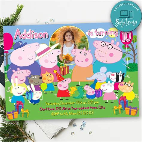 Peppa Pig Birthday Invitation With Photo Printable Diy Createpartylabels