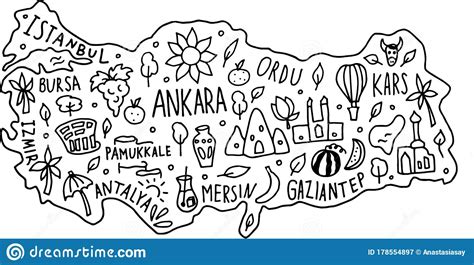 Hand Drawn Doodle Turkey Map Turkish City Names Lettering And Cartoon