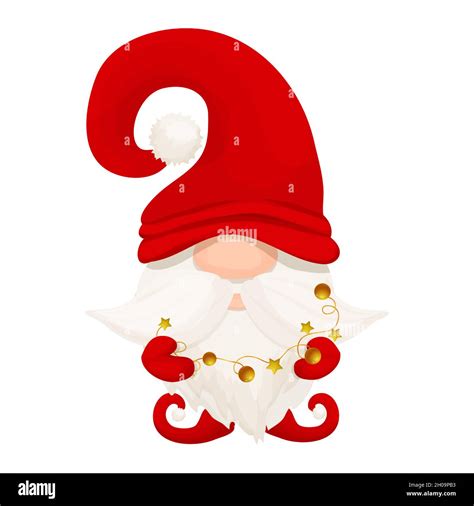 Cute Christmas Gnome Elf In Red Hat In Cartoon Style New Year