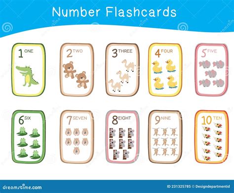 Cute Number Flashcards With Animals Set 1 10 Stock Vector