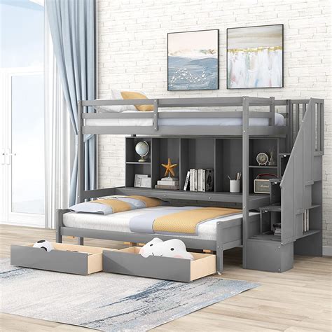 Vilrocaz Wooden Twin Over Full Bunk Bed With Drawers And Adjustable Shelves L Shape Full