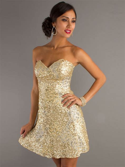 Strapless Sweetheart Gold Sequin Short Dress With Natural Waistline