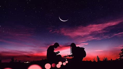 Hd Wallpaper Couple Playing Guitar Silhouette Romantic Half Moon