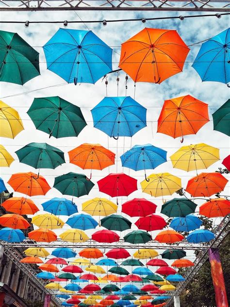 Bright Multi Colored Umbrellas Decor In The Sky Stock Image Image Of