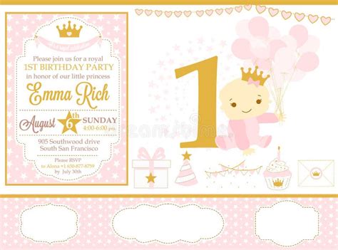 Pink And Gold Princess Party Decor Cute Happy Birthday Card Template