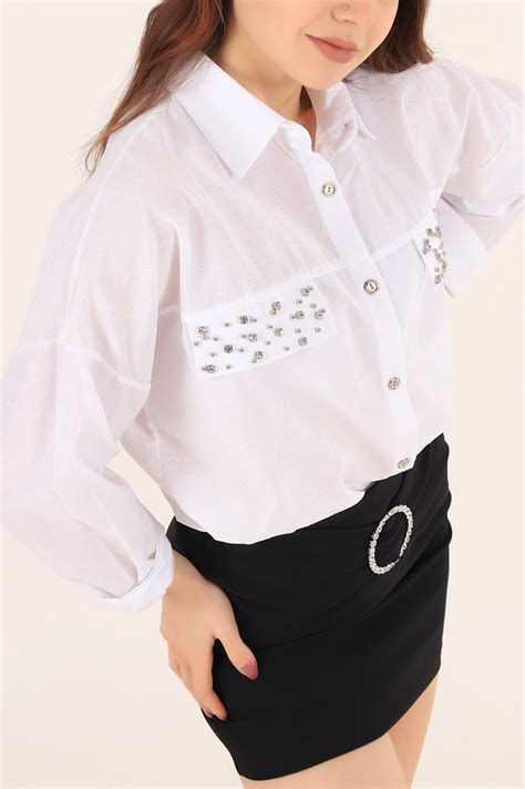 Beyaz Taşlı Tasarım Terikoton Gömlek Tunik 167124 ModamızBir