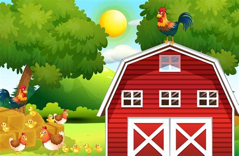 Farm Scene With Chickens On The Barn 519549 Vector Art At Vecteezy