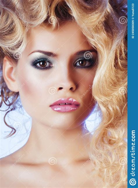 Beauty Blond Woman With Curly Hair Close Up Isolated Fashion Makeup