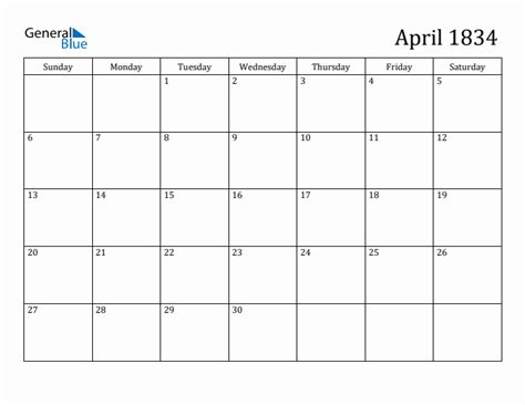 April 1834 Calendar Pdf Word Excel
