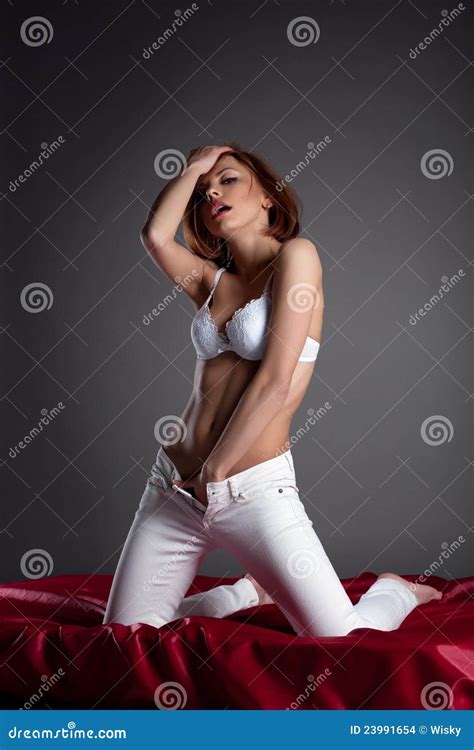 Beauty Woman Touch Herself With Pleasure In Jeans Stock Photo Image