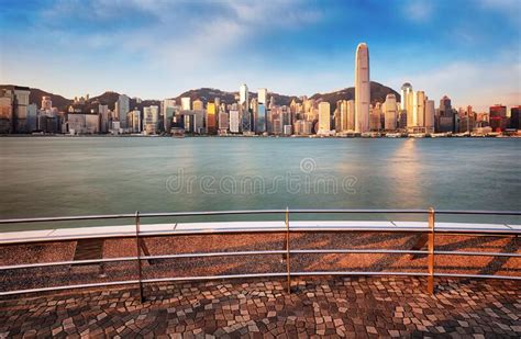 Hong Kong Skyline At Sunrise From Kowloon Side Victoria Harbour Stock