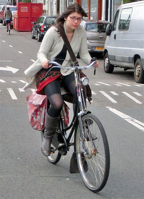 Bicycle Amsterdam Nerdy Girl On Old Style Granny Bike With Drum