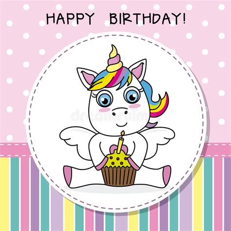 Happy Birthday Card Unicorn With Cake Stock Vector Illustration Of
