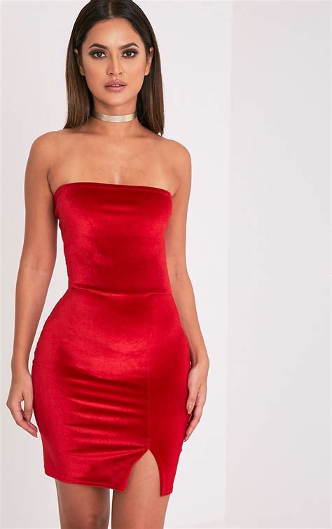 Layala Red Velvet Split Detail Bandeau Dress In 2020 Bandeau Bodycon