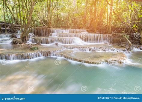Natural Deep Blue Stream Waterfall In Tropical Forest Stock Image
