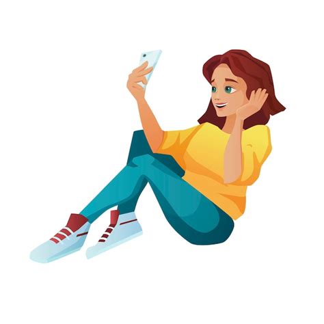 Premium Vector Pretty Girl Taking Selfie On Mobile Phone Brunette Woman Sitting And Talking